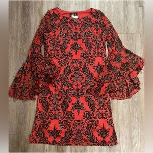 Vintage Ronni Nicole Holiday Dress Women 6 Black Red Gold Cocktail Bell Sleeve
